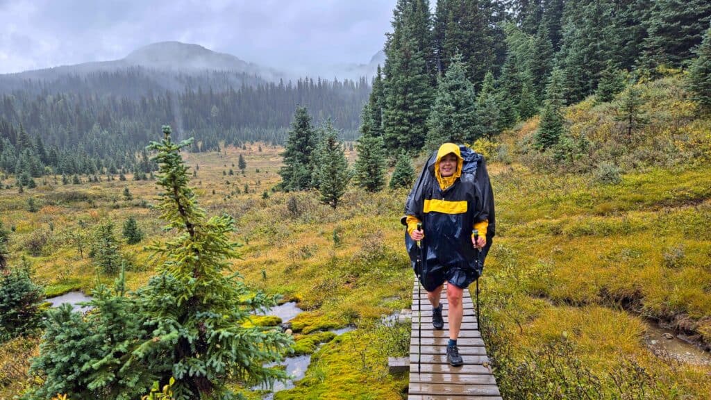What to pack for the Canadian Rockies Hiking on a rainy day in backcountry